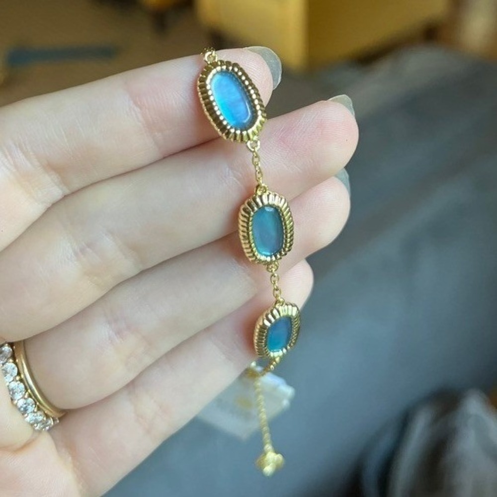 Kendra Scott Gold Tone Teal Blue Stone Lariat Necklace and Slider Bracelet Set - Picture 7 of 7